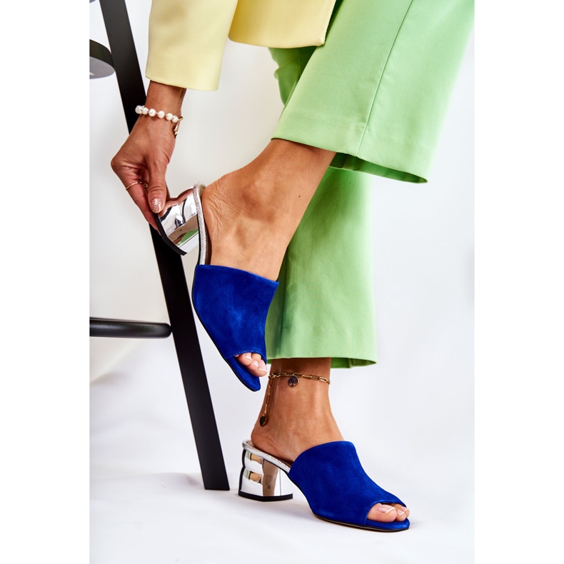 PA2 Papuci de damă din piele intoarsa pe toc, albastru bleumarin Perry albastru marin argint 1