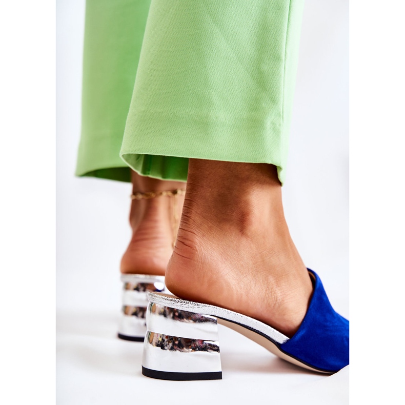 PA2 Papuci de damă din piele intoarsa pe toc, albastru bleumarin Perry albastru marin argint 2