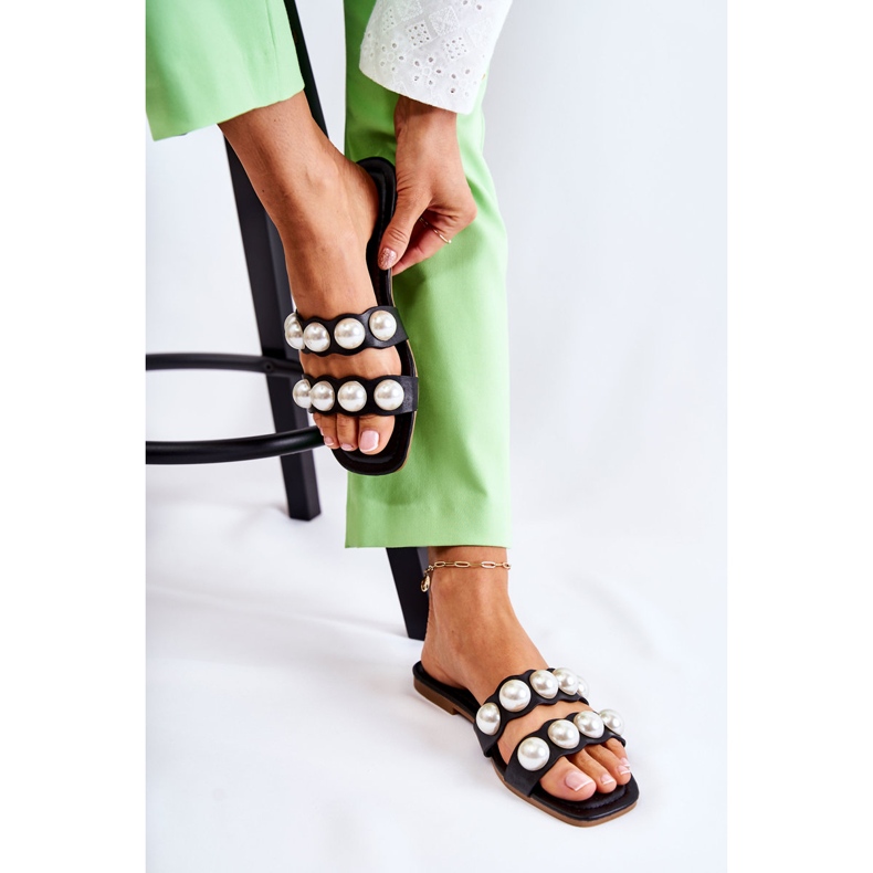 PG1 Papuci De Damă Piele Cu Perle Decorative Lasello Negru 2