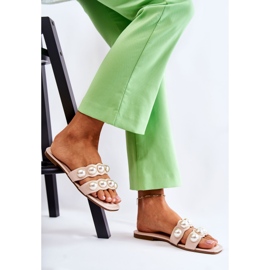 PG1 Papuci de damă din piele cu perle decorative Lasello bej 2