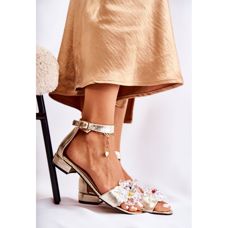 PA2 Sandale de damă din piele cu toc plat Golden Morlee de aur 1