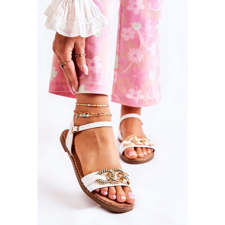 S.Barski Sandale Damă Pe Toc Plat Cu Lant Minevra Albă 2