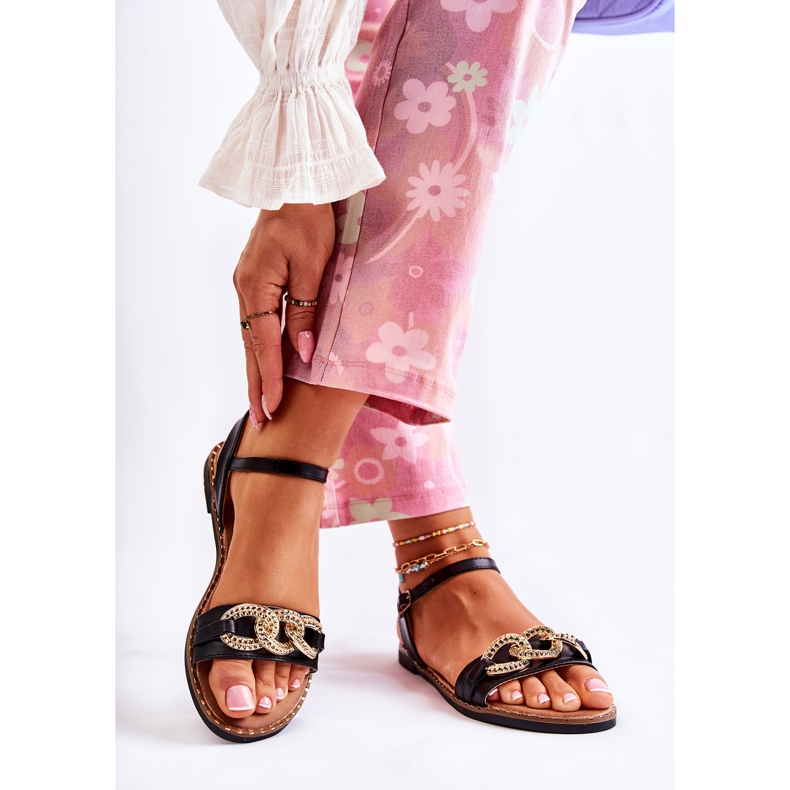 S.Barski Sandale De Damă Pe Toc Plat Cu Un Lant Negru Minevra 2