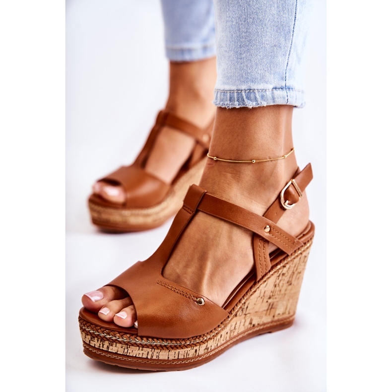 PG1 Sandale clasice din piele pe pană maro Valorin 1