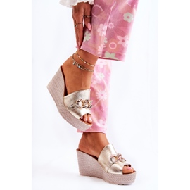 Lewski Shoes Papuci de piele cu pană Lewski 3062 Golden de aur 4