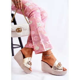 Lewski Shoes Papuci de piele cu pană Lewski 3062 Golden de aur 6