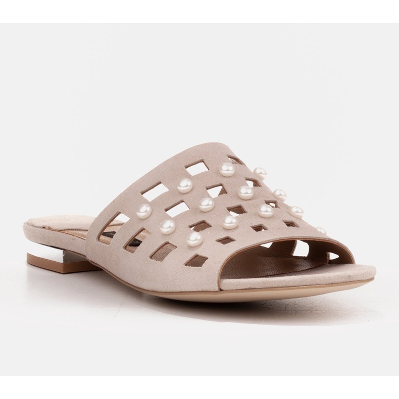 Marco Shoes Papuci eleganti pentru femei cu perle si perforatie bej 1