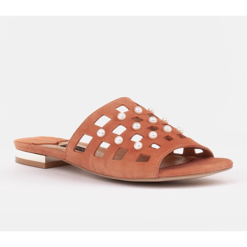 Marco Shoes Papuci eleganti pentru femei cu perle si perforatie portocale 1
