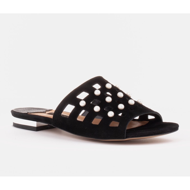 Marco Shoes Papuci eleganti pentru femei cu perle si perforatie negru 1