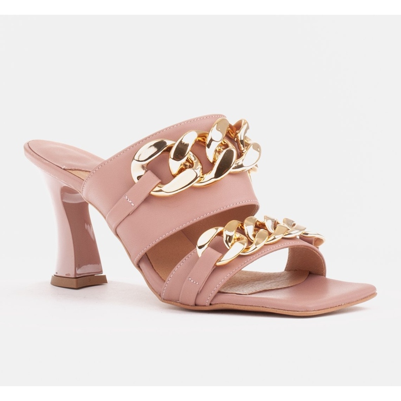 Marco Shoes Papuci de piele pentru femei cu lanț decorativ roz 1