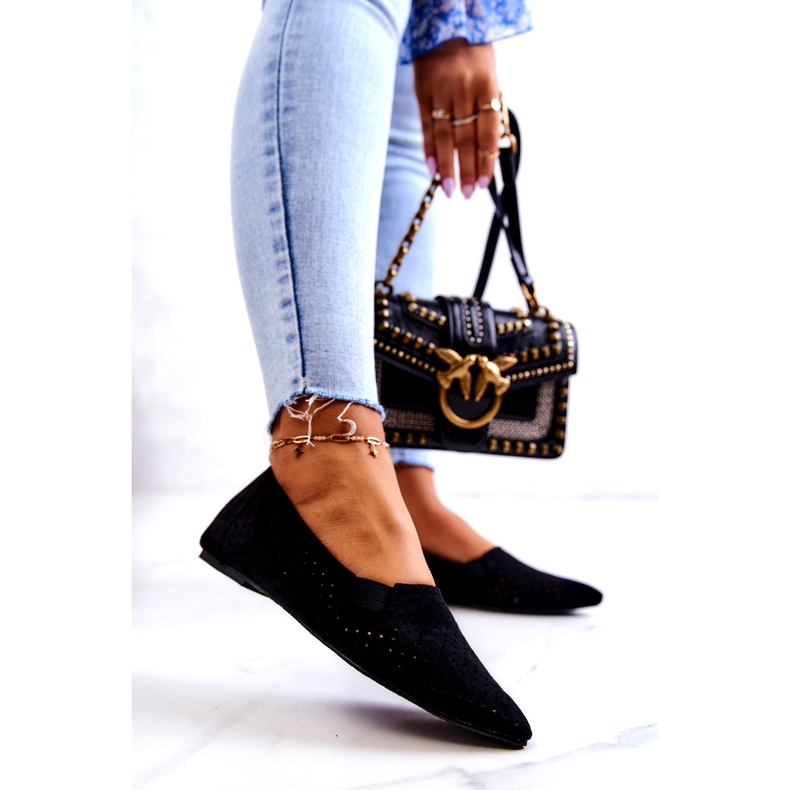 LU BOO Balerini ajurat pentru damă, slip-on, Black Rosario negru 1