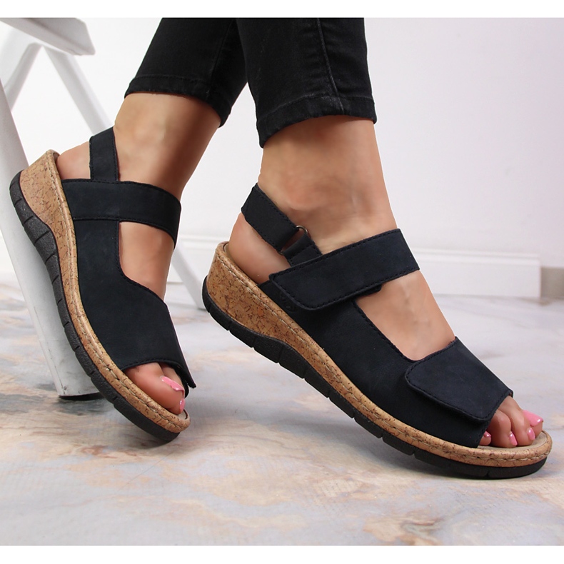 Sandale de damă din piele pe pană Rieker V7170-14 albastru marin 1