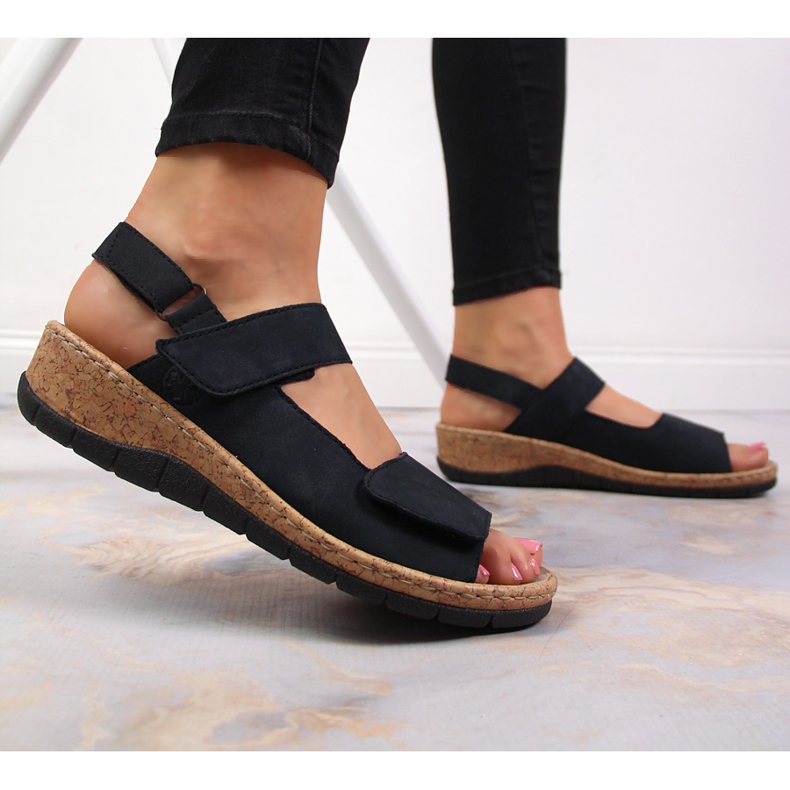 Sandale de damă din piele pe pană Rieker V7170-14 albastru marin 2