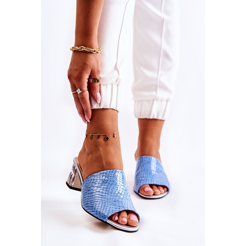 Papuci de damă din piele cu model crocodil pe călcâi albastru Perry 1 Papuci de damă din piele cu model crocodil pe călcâi albastru Perry 1