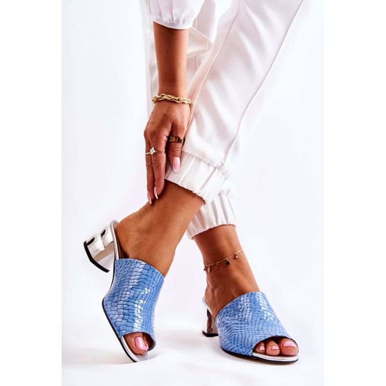 Papuci de damă din piele cu model crocodil pe călcâi albastru Perry 2 Papuci de damă din piele cu model crocodil pe călcâi albastru Perry 2