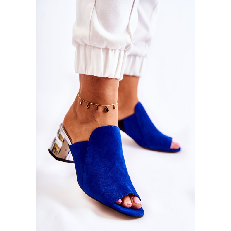 Papuci de damă din piele intoarsa pe toc, bleumarin, marin albastru 1 Papuci de damă din piele intoarsa pe toc, bleumarin, marin albastru 1