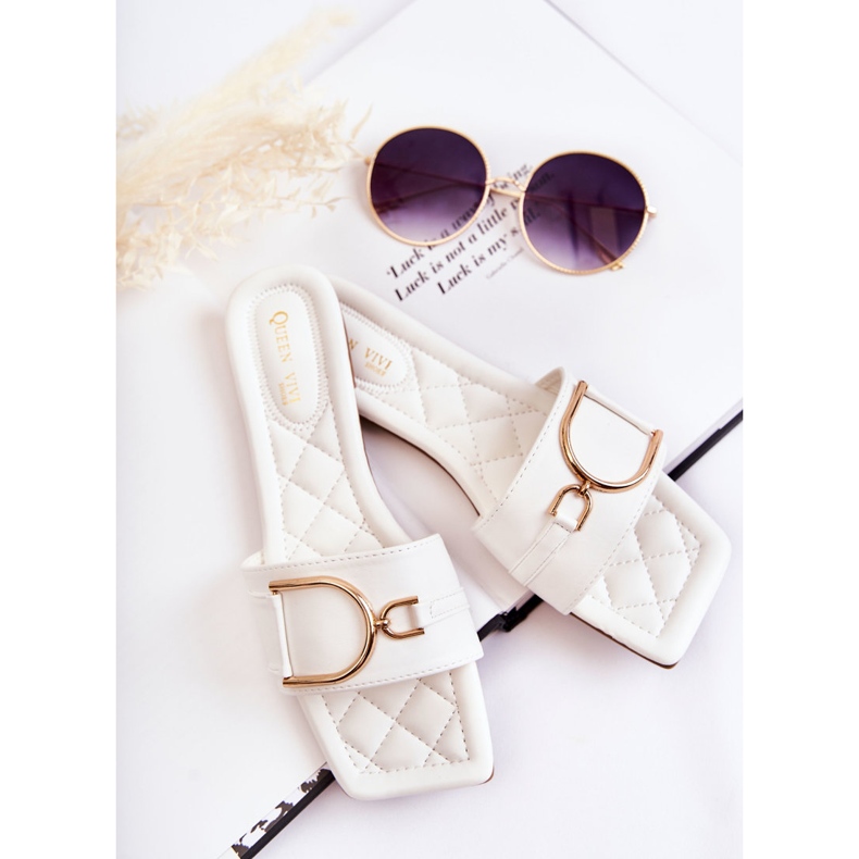 PG2 Papuci Clasici De Damă De Piele Cu Decor Alb Shilla de aur 1