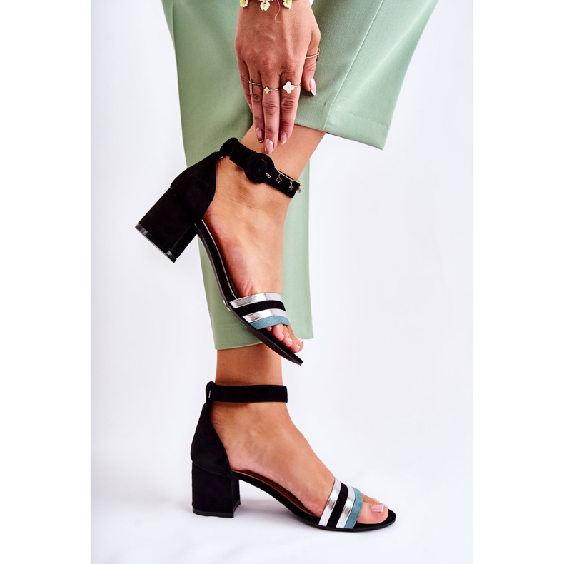 PG1 Sandale din piele intoarsa la moda pe un toc mic Nallia neagra negru albastru argint 2