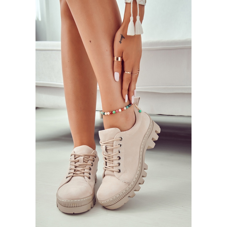 S.Barski Pantofi de damă din piele intoarsa cu siret, bej 4