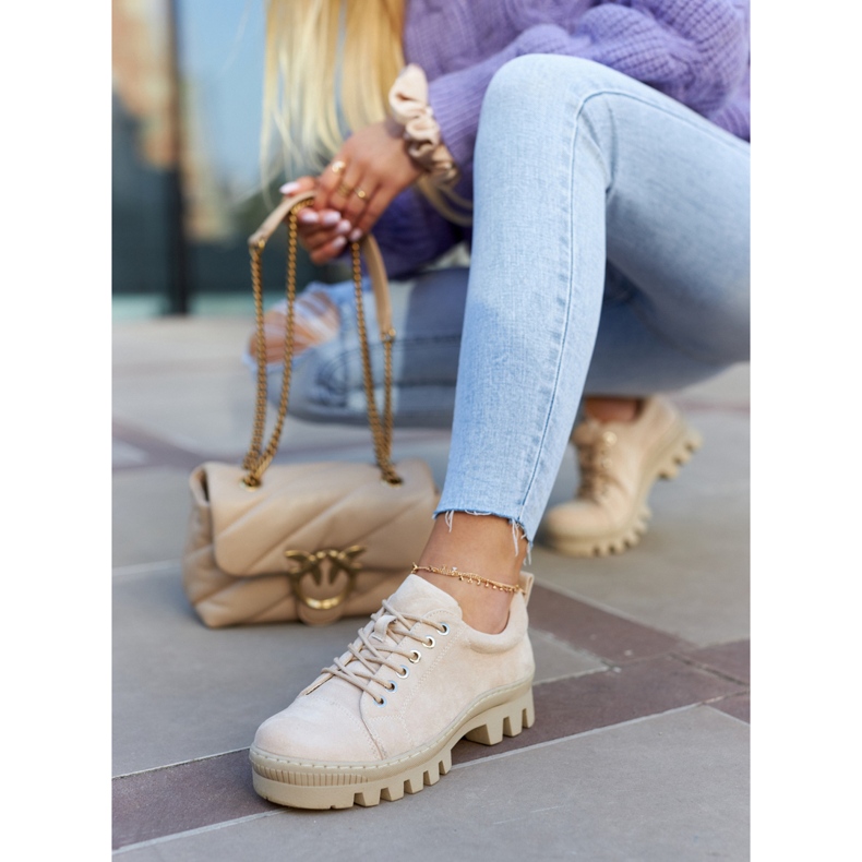 S.Barski Pantofi de damă din piele intoarsa cu siret, bej 3