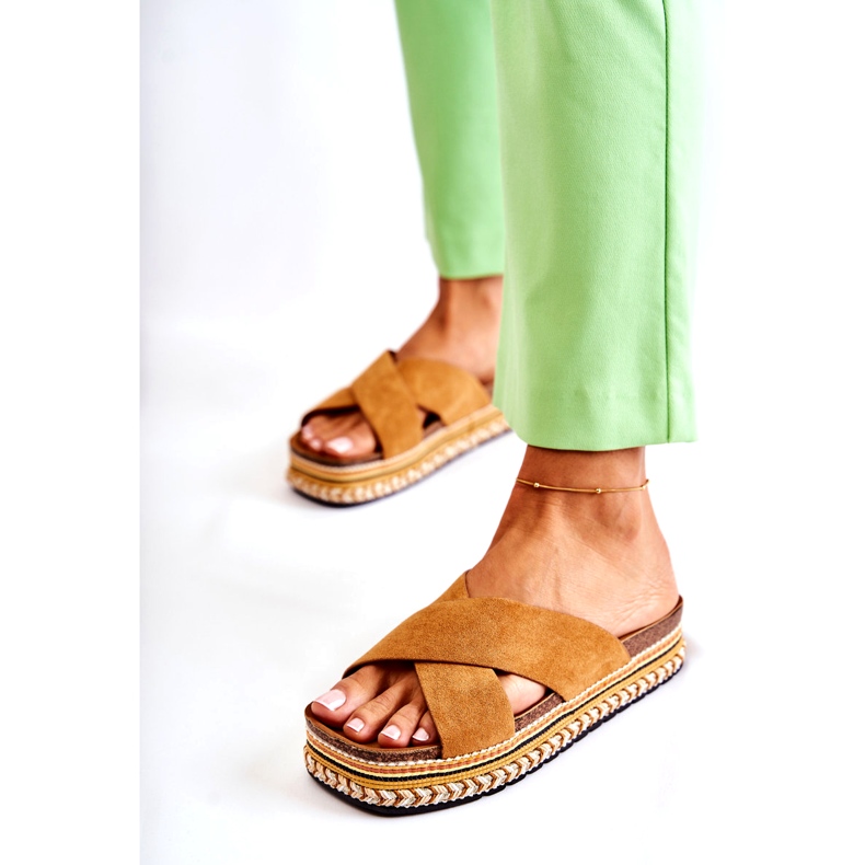 PG1 Papuci de piele intoarsa pentru femei pe platforma Camel Jossie maro 4