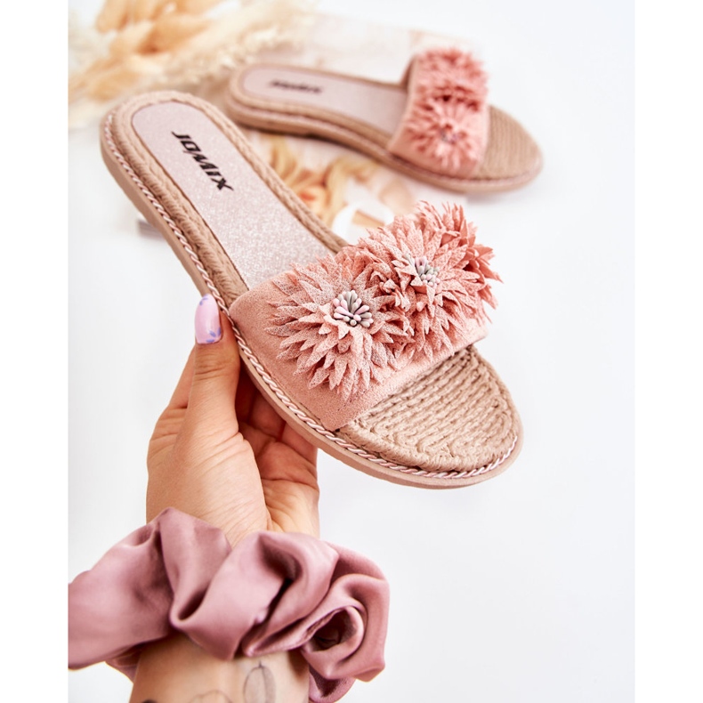 WJ1 Papuci De Dama Cu Flori Tesatura Roz Susana 1