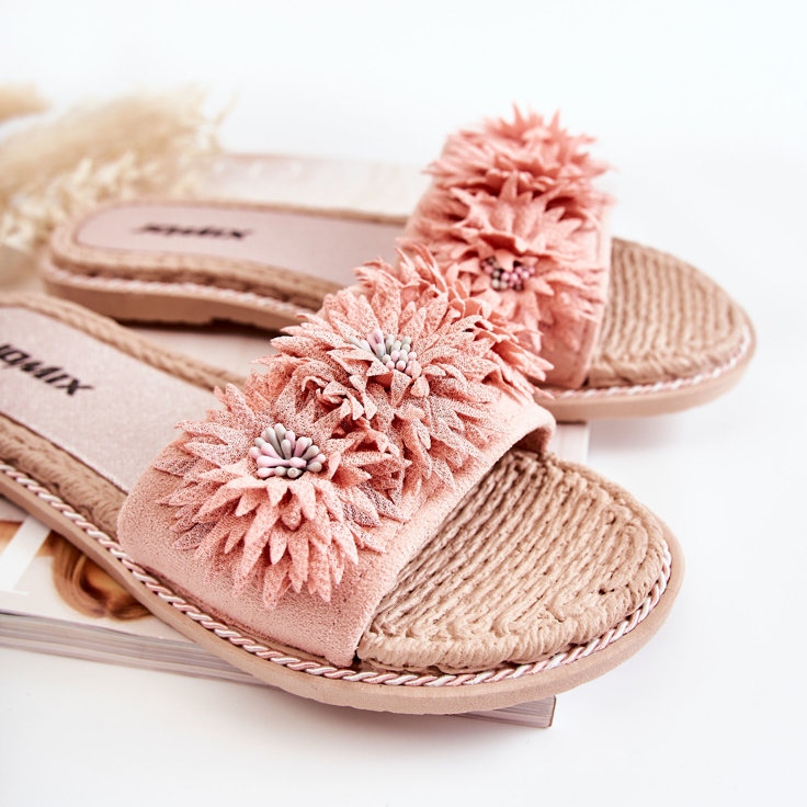 WJ1 Papuci De Dama Cu Flori Tesatura Roz Susana 2