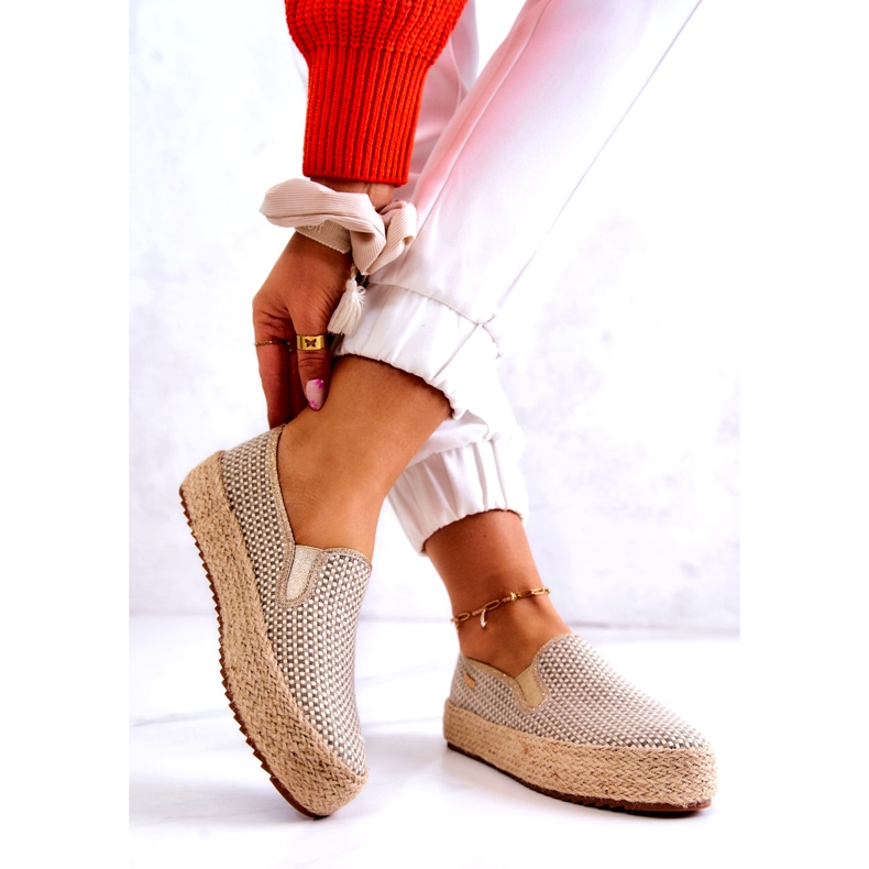 Pantofi de damă împletit Slip On Big Star JJ274394 Bej de aur 2