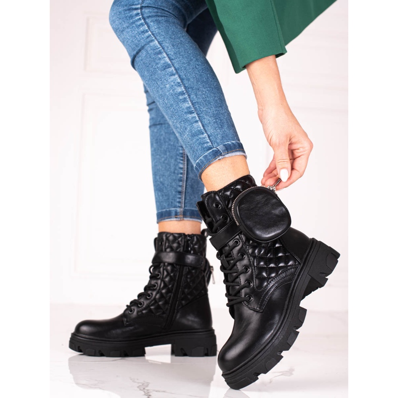 Genți de damă matlasate Shelovet negre cu buzunar velcro negru 1