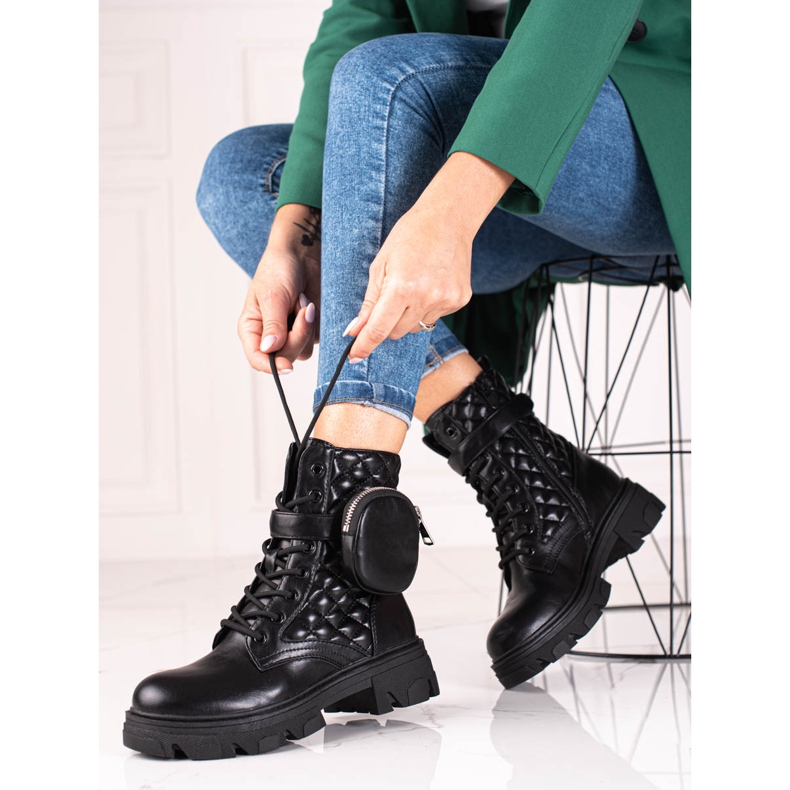 Genți de damă matlasate Shelovet negre cu buzunar velcro negru 2