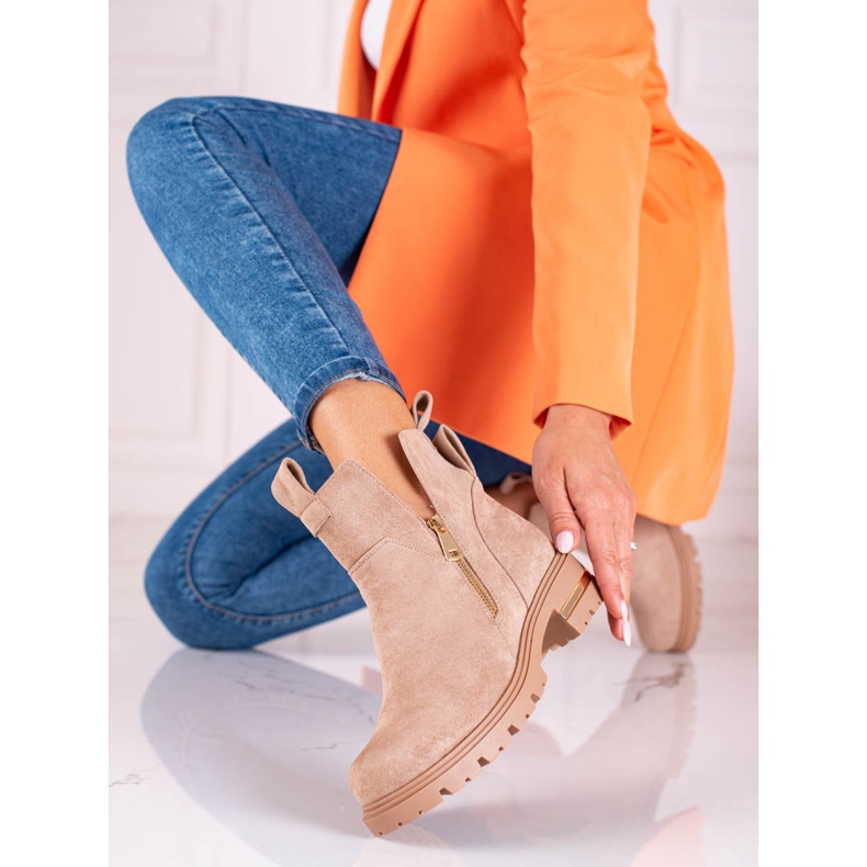 Cizme joase de dama Shelovet cu fermoar auriu, maro deschis 1