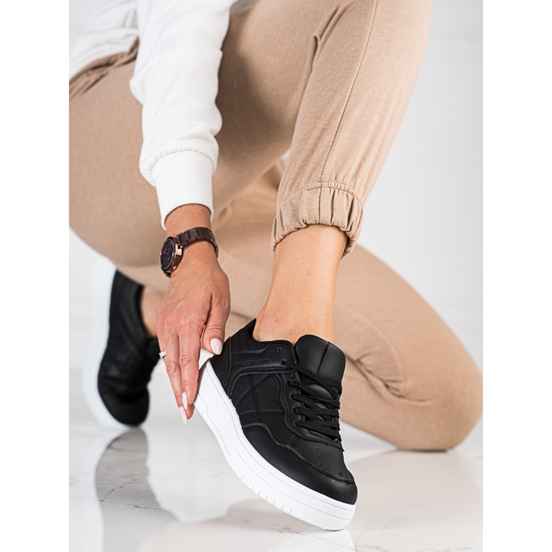 Tenisi sport clasici de dama Shelovet din piele ecologica, neagra negru 2