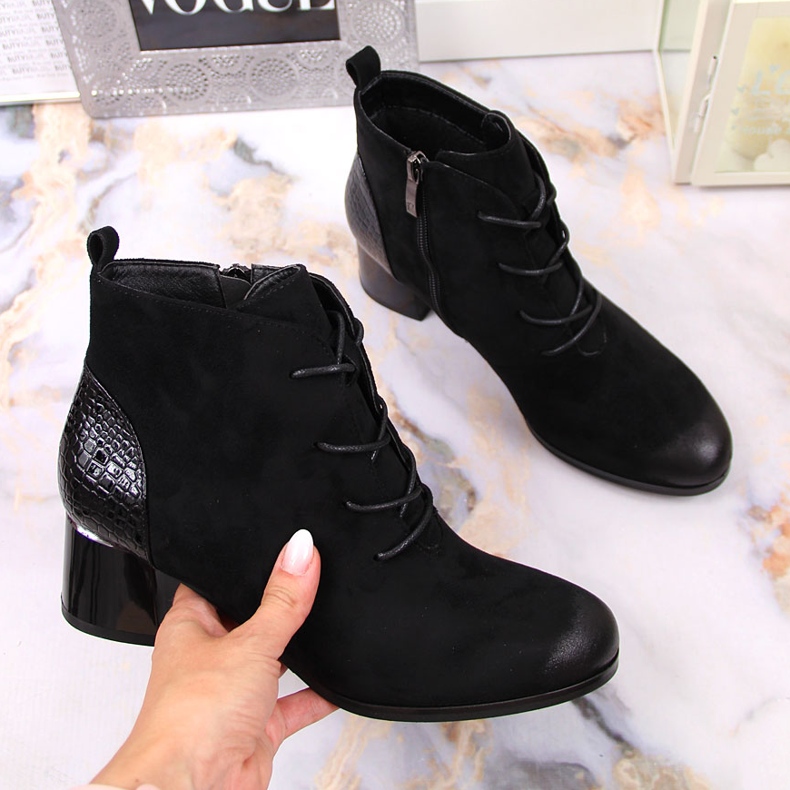 Cizme de dama, izolat siret din piele intoarsa neagra Potocki negru 1