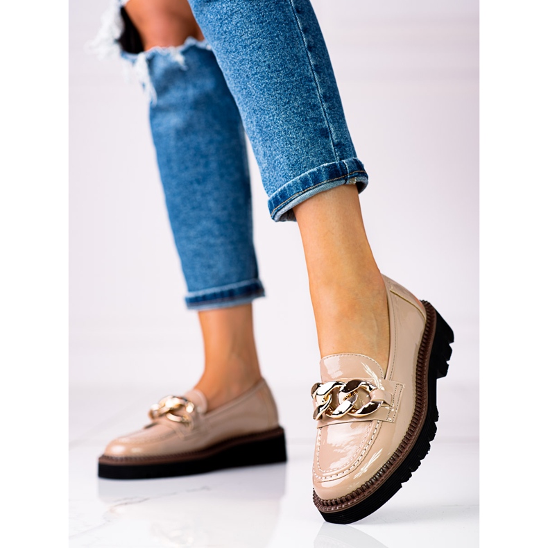 Mocasini de dama pe platforma Vinceza din piele lacuita, bej maro 1