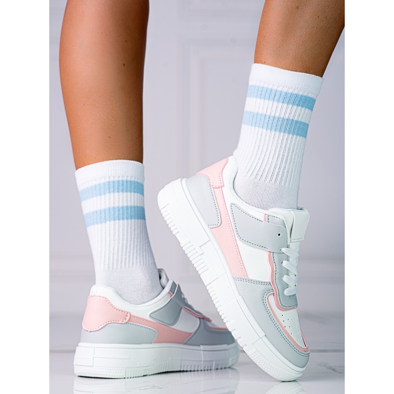 Tenisi dama cu siret pe platforma Shelovet din piele ecologica in alb si gri roz multicolor 1