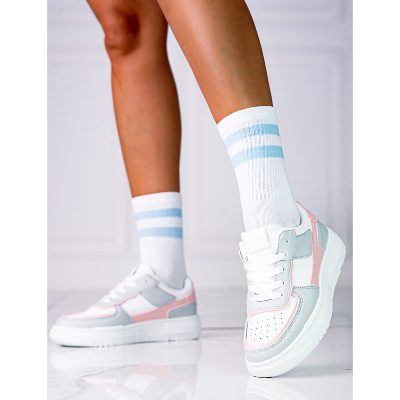 Tenisi dama cu siret pe platforma Shelovet din piele ecologica in alb si gri roz multicolor 2