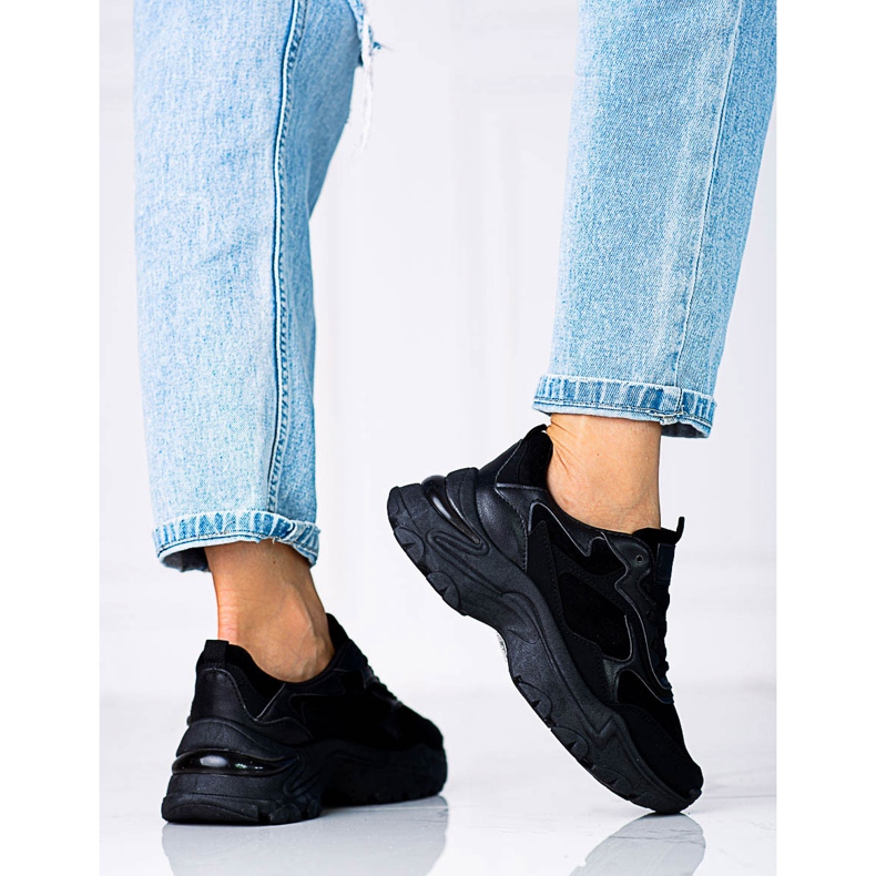 Tenisi de dama Black Shelovet cu siret, cu talpa groasa negru 1