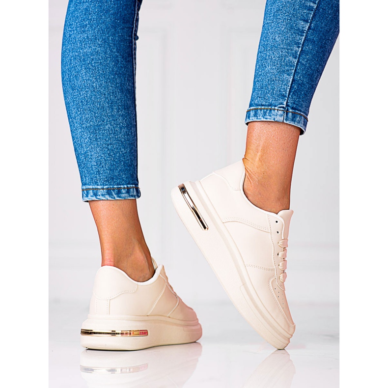 Pantofi sport albi cu siret Shelovet din piele ecologica, bej 2