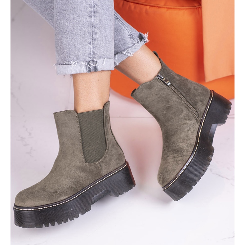 Cizme chelsea de dama verzi pe platforma Shelovet din piele intoarsa ecologica verde 1