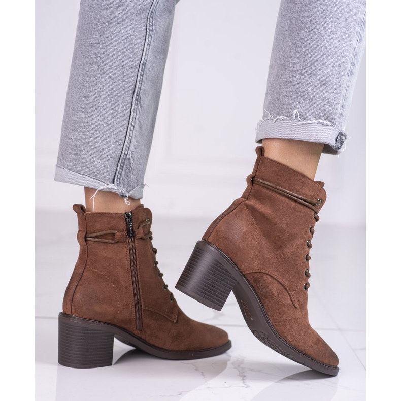 Cizme de dama cu siret maro Shelovet din piele intoarsa ecologica 1