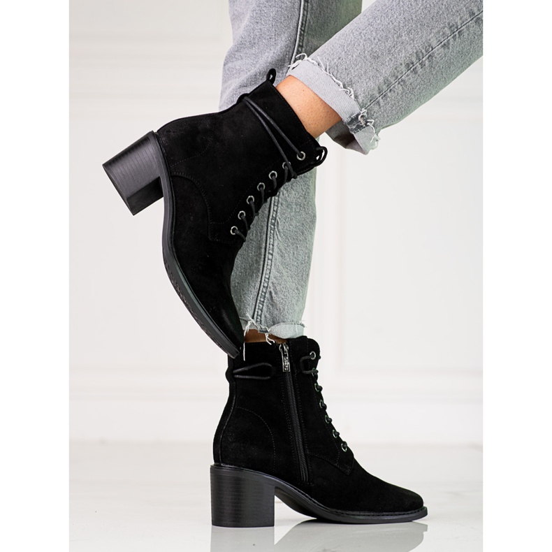 Cizme de dama cu siret Shelovet negre din piele intoarsa ecologica negru 1