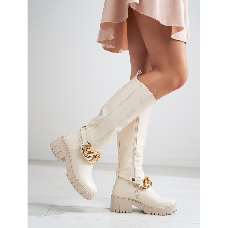 Cizme de dama bej pe talpa groasa Shelovet din piele ecologica 1