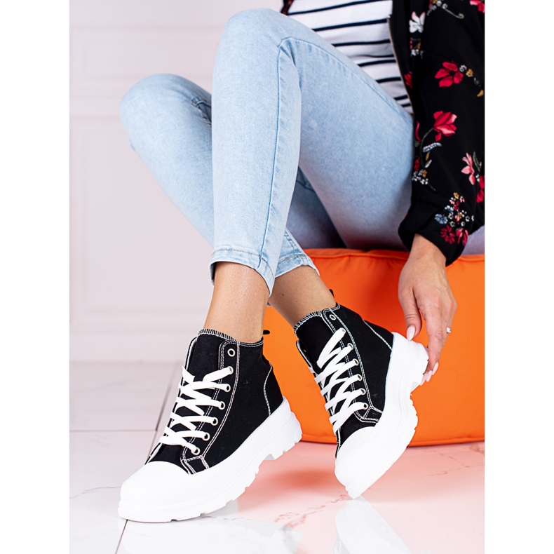 Adidași de damă înalți cu șireturi alb-negru pe platforma Shelovet 2