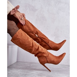 Cizme clasice din piele intoarsa cu toc inalt Camel Ameya maro 1