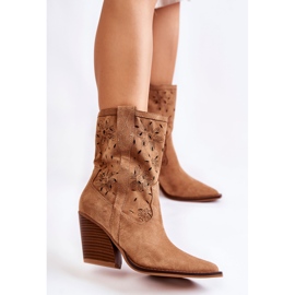 FB1 Cizme de cowboy din piele intoarsa la moda cu flori de coralie camel maro 1