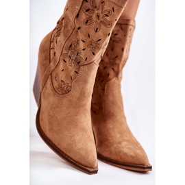 FB1 Cizme de cowboy din piele intoarsa la moda cu flori de coralie camel maro 2