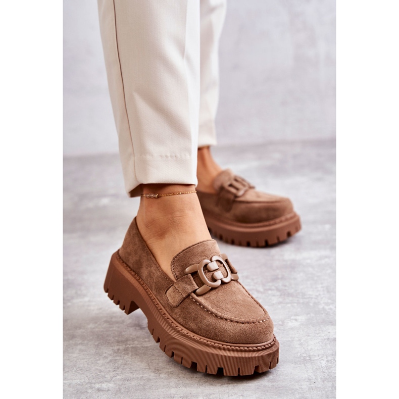 FB2 Brogues De Damă Damă Căprioară Cu Decor Bej Inchis Leeza 1