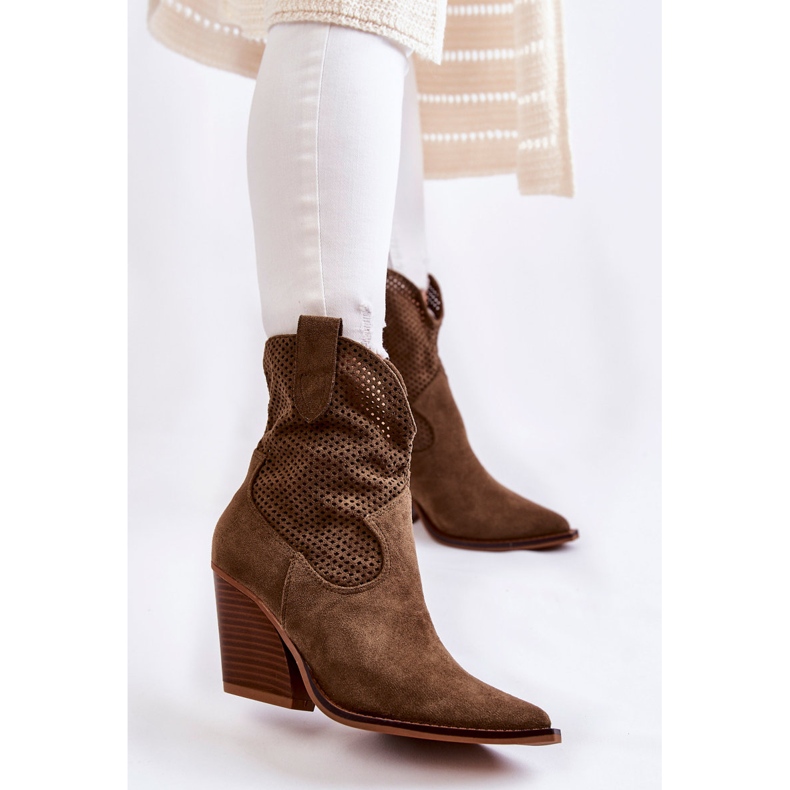 FB1 Cizme de cowboy ajurate din piele intoarsa kaki Eleonore maro 1