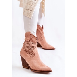 Cizme ajurate dama din piele intoarsa cowboy roz Eleonore bej 1