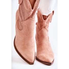 Cizme ajurate dama din piele intoarsa cowboy roz Eleonore bej 2